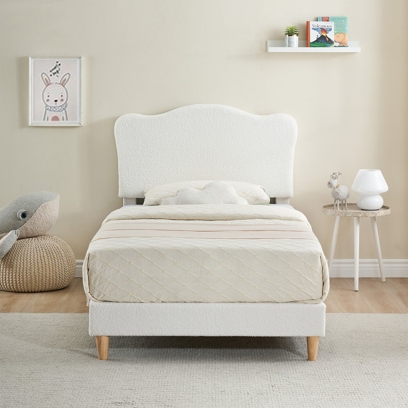 Twin Bed Frame Sherpa Kids Platform Bed with Boucle Headboard for Girls Beige